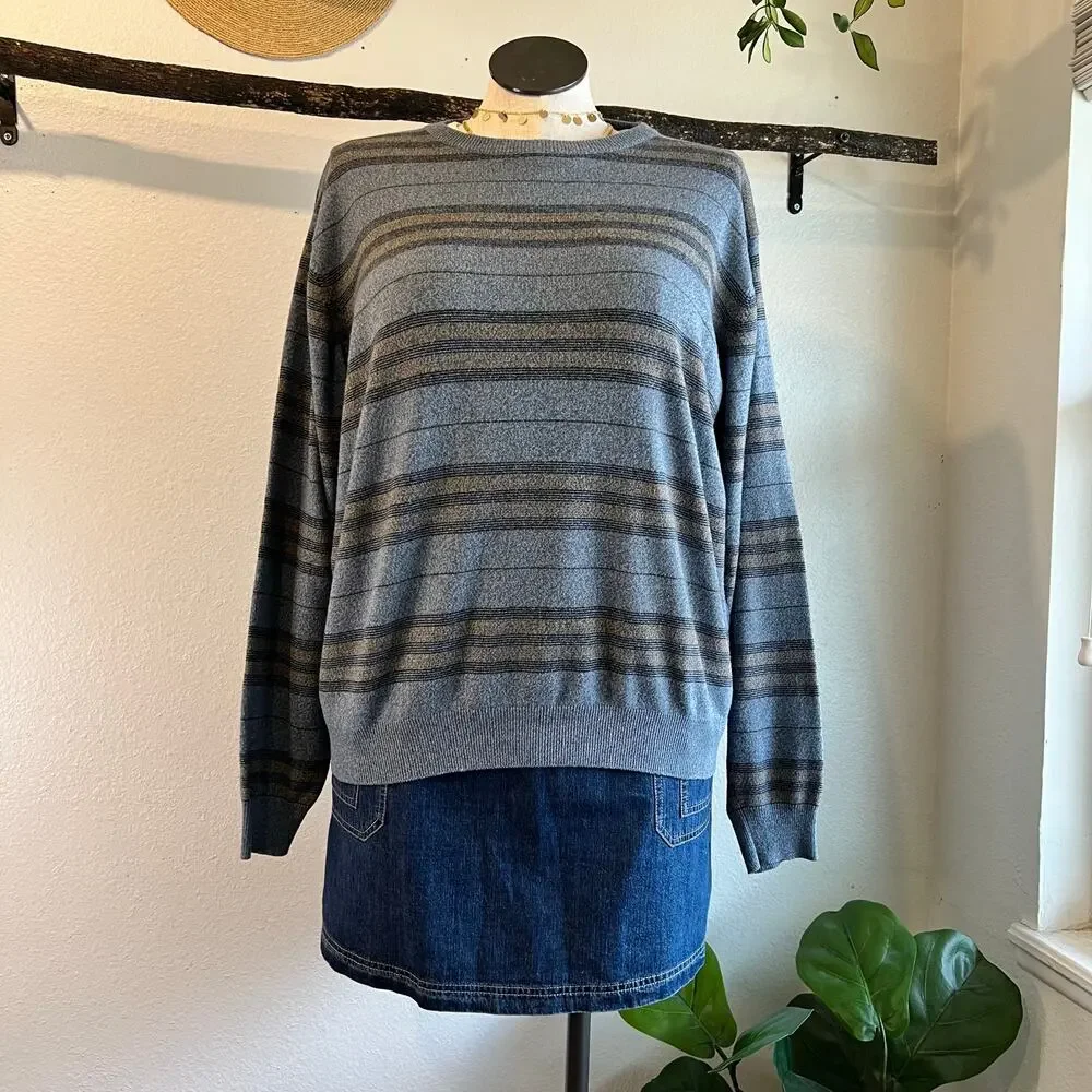 Vintage 90s Blue Knit Oversized Striped Crewneck Pullover Sweater Size XL